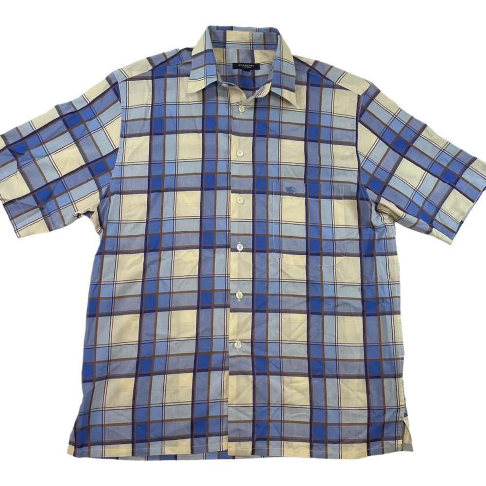 Vtg Burberry London Plaid Short Sleeve Button-Down Shirt Blue Brown Men's S